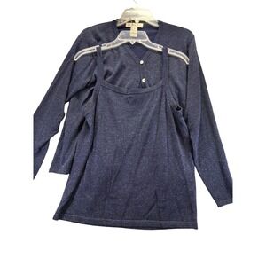 Kevo Women 2 Piece Set Silk Blend Top Royal Blue Button Front Long Sleeve Size L